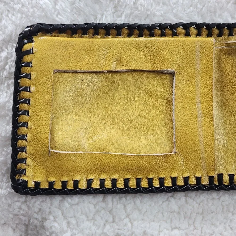 Vtg Hand Tooled Leather Braided Edge Bifold Wallet Western/Cowboy-Horse & Boots
